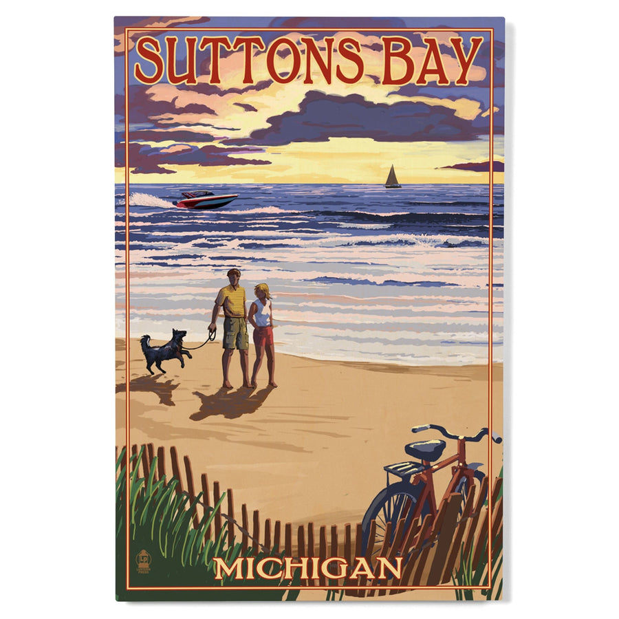 Suttons Bay, Michigan, Sunset on Beach, Lantern Press Artwork, Wood Signs and Postcards Wood Lantern Press 