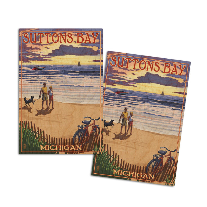 Suttons Bay, Michigan, Sunset on Beach, Lantern Press Artwork, Wood Signs and Postcards Wood Lantern Press 4x6 Wood Postcard Set 