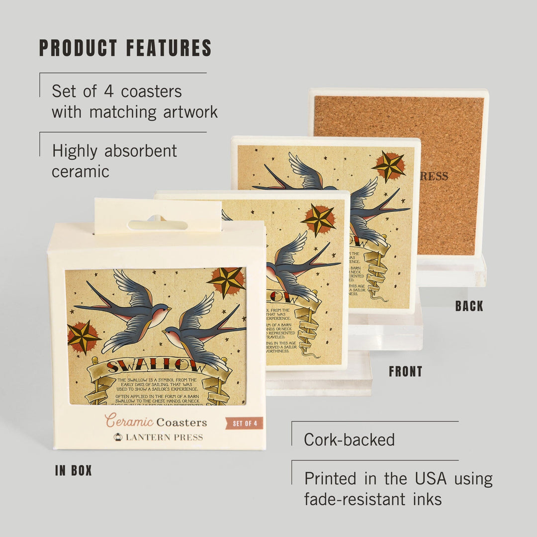 Swallow, Tattoo Flash Sheet, Coasters Coasters Lantern Press 