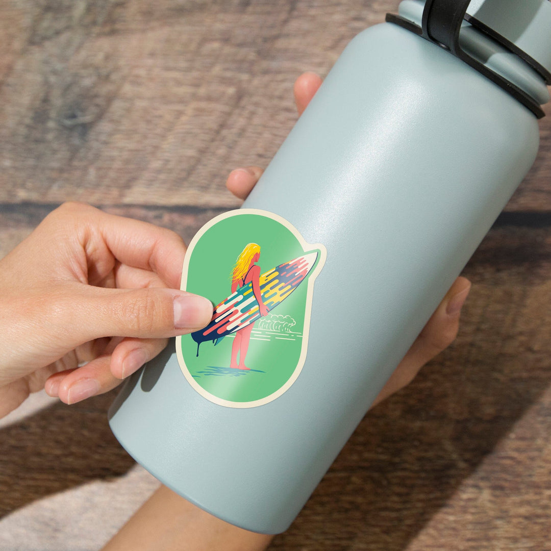 Sweet Relief Collection, Surfer Girl with Surfboard, Contour, Vinyl Sticker Sticker Lantern Press 