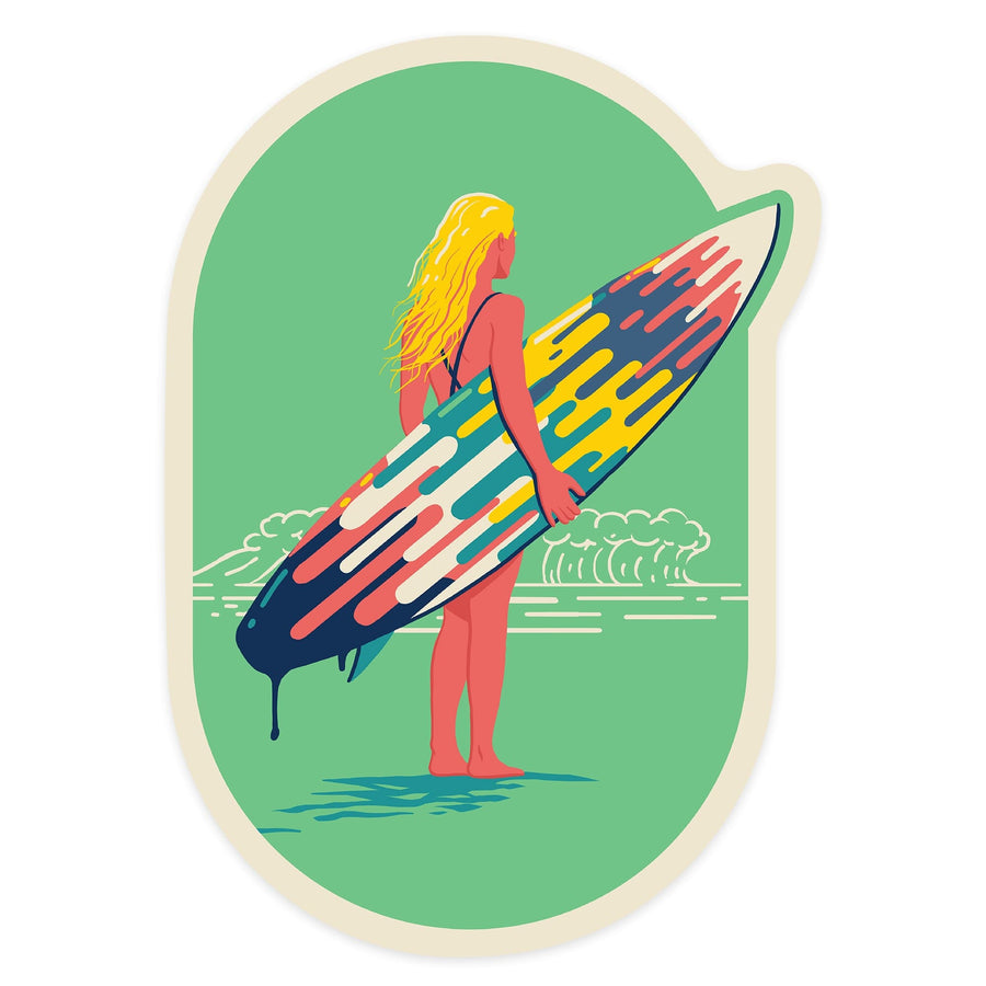 Sweet Relief Collection, Surfer Girl with Surfboard, Contour, Vinyl Sticker Sticker Lantern Press 