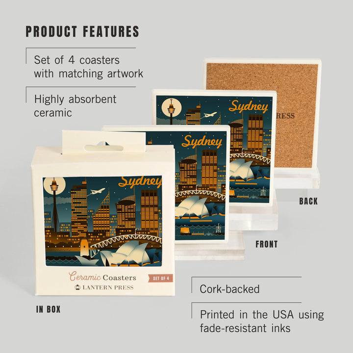 Sydney, Australia, Retro Skyline, Lantern Press Artwork, Coaster Set Coasters Lantern Press 