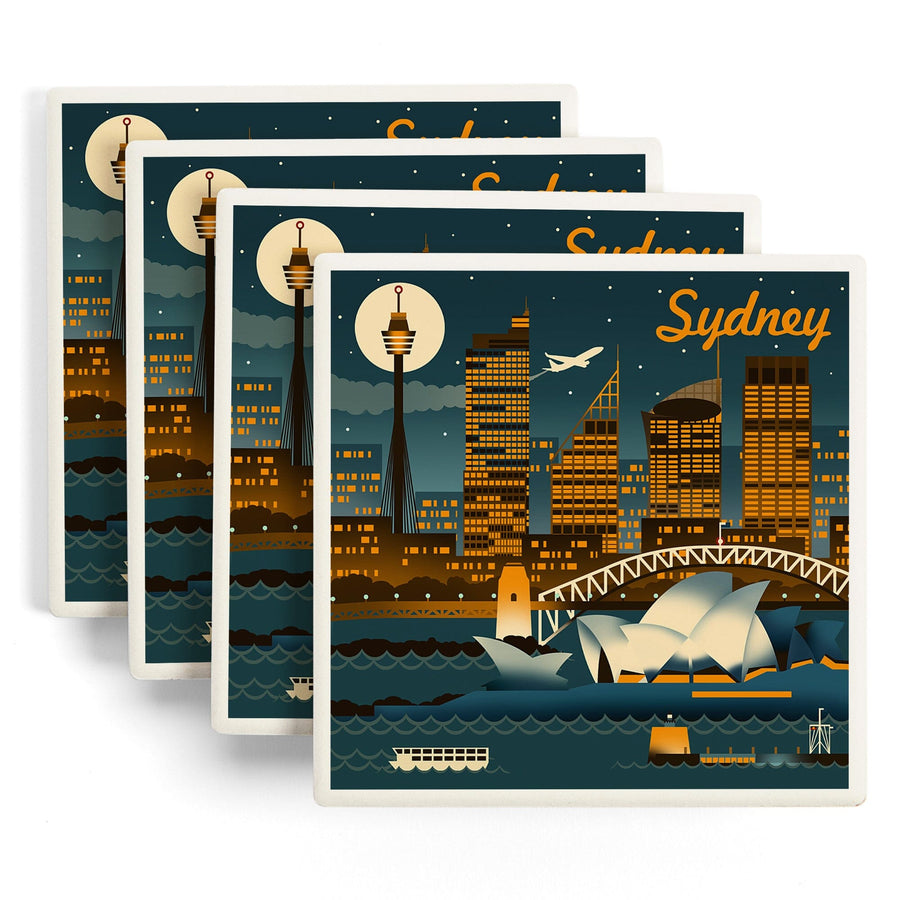 Sydney, Australia, Retro Skyline, Lantern Press Artwork, Coaster Set Coasters Lantern Press 