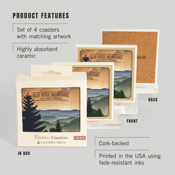 Sylva, North Carolina, Lithograph, Blue Ridge Mountains, Sunrise, Coasters Coasters Lantern Press 