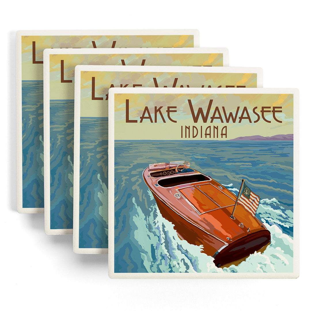 Syracuse, Indiana, Wooden Boat, Lake Wawasee, Lantern Press Artwork, Coaster Set Coasters Lantern Press 