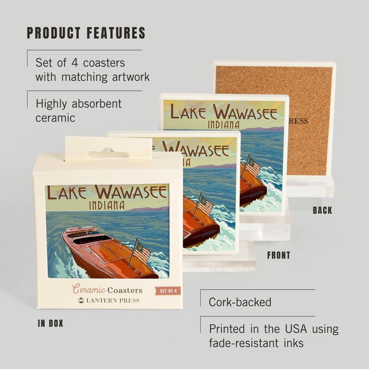 Syracuse, Indiana, Wooden Boat, Lake Wawasee, Lantern Press Artwork, Coaster Set Coasters Lantern Press 