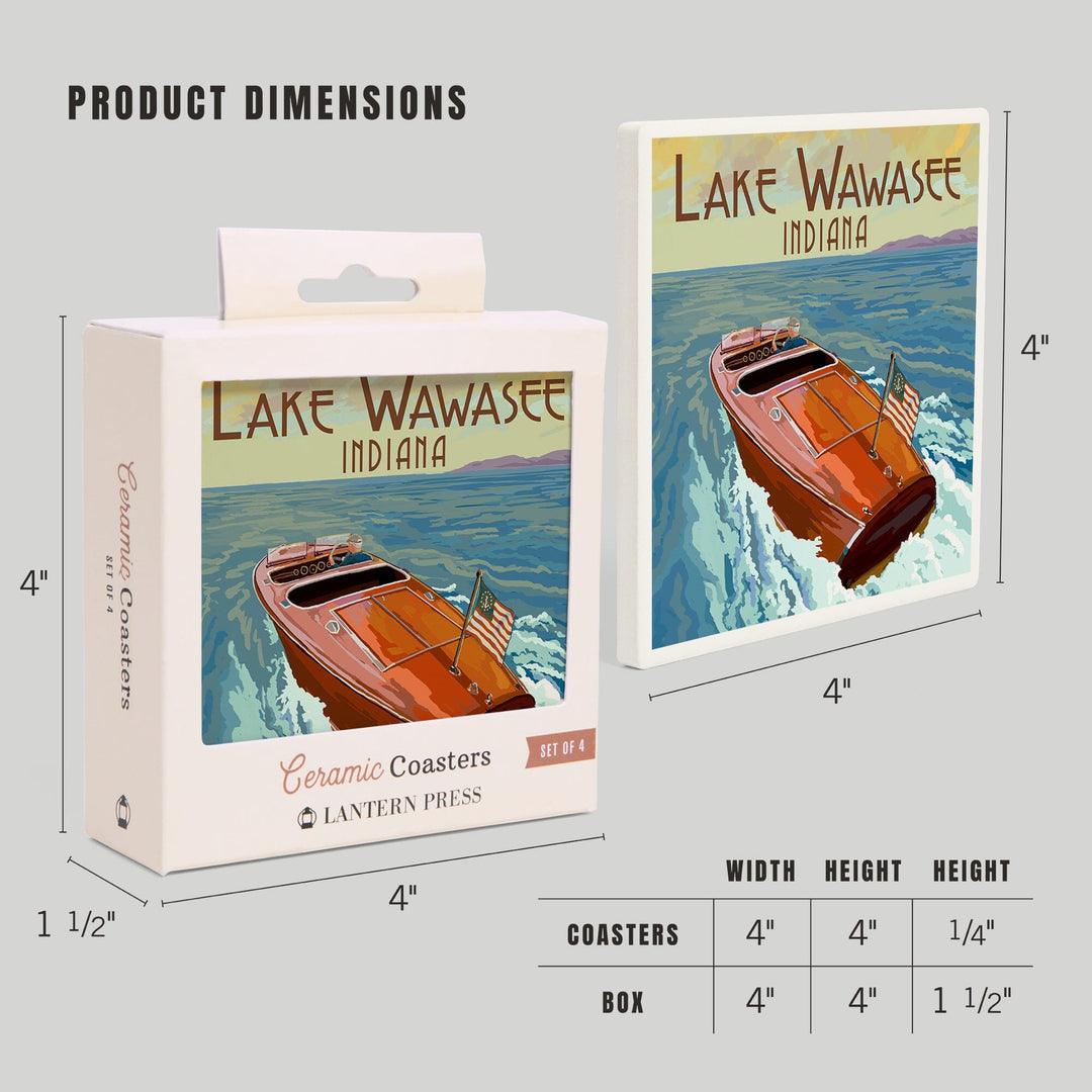 Syracuse, Indiana, Wooden Boat, Lake Wawasee, Lantern Press Artwork, Coaster Set Coasters Lantern Press 