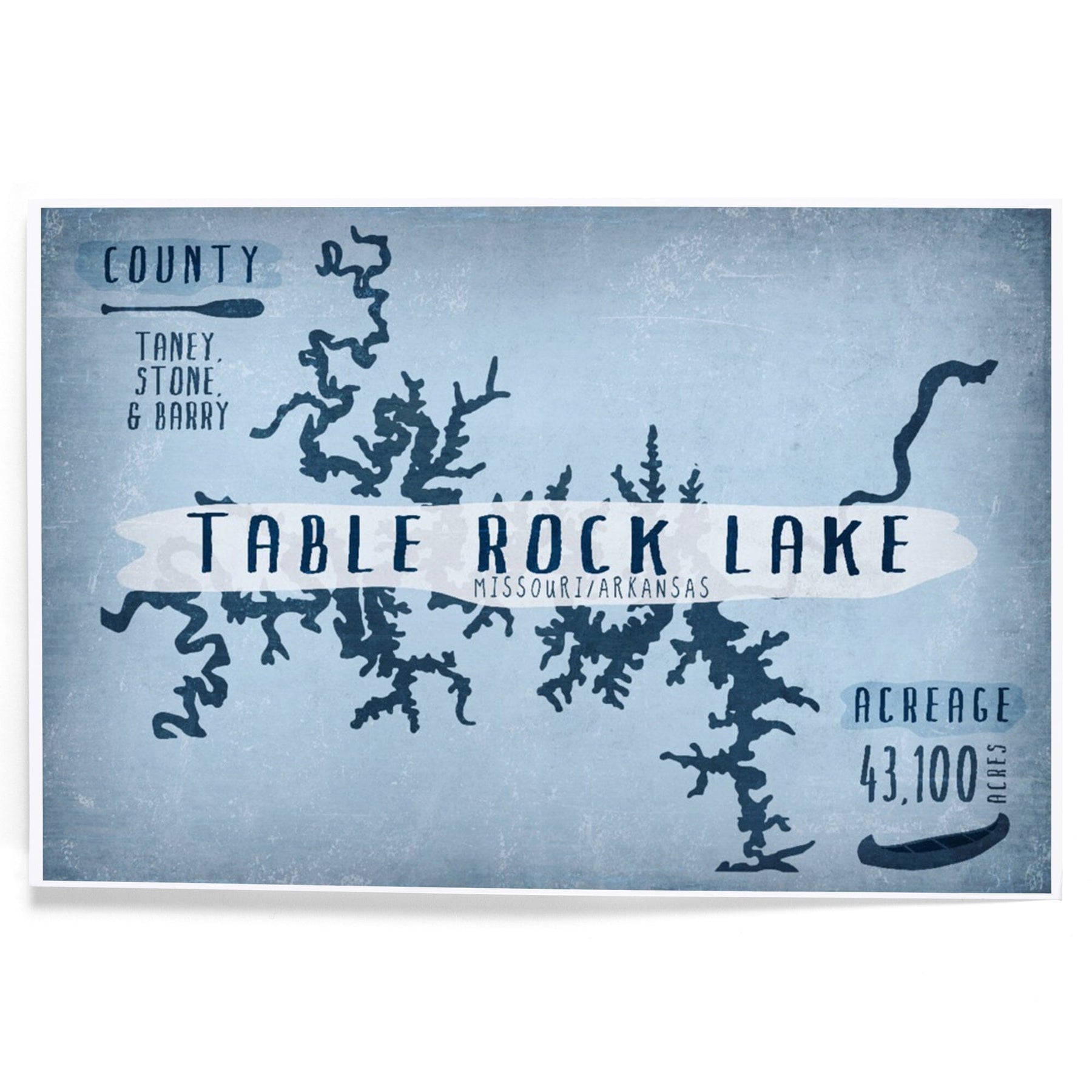 Table Rock Lake - Lake Essentials - Shape, Acreage & County - Lantern Press Artwork (16x24 Giclee Gallery Print, Wall Decor Travel Poster), Size: 16 x