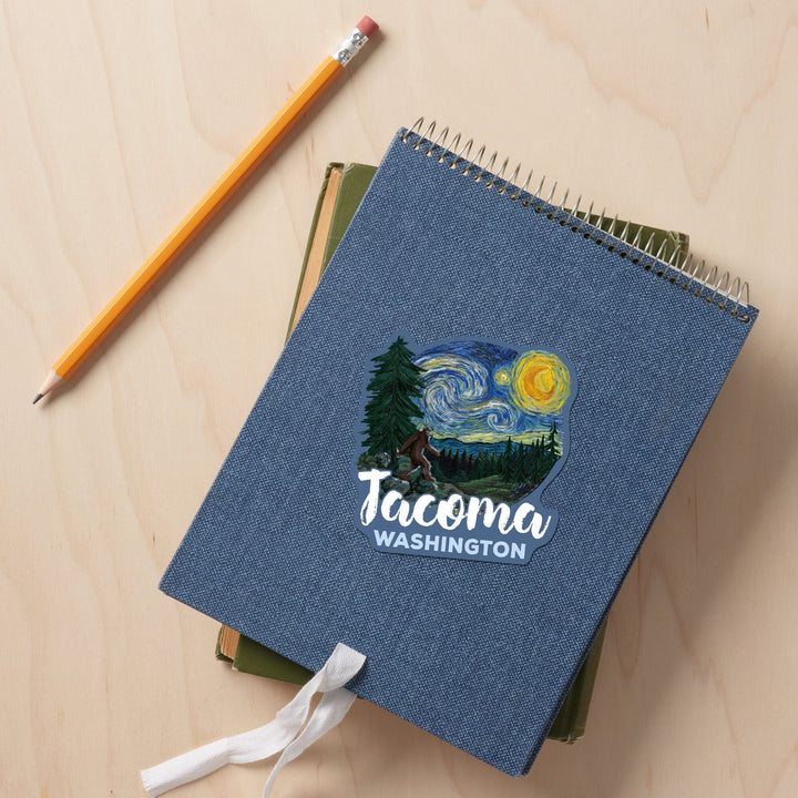 Tacoma, Washington, Bigfoot, Starry Night, Contour, Lantern Press Artwork, Vinyl Sticker Sticker Lantern Press 