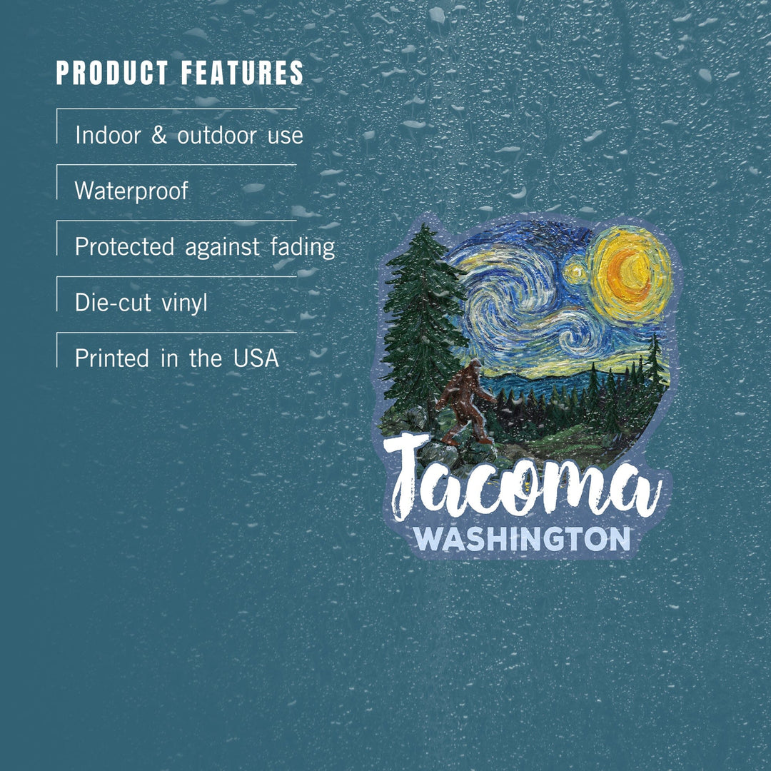 Tacoma, Washington, Bigfoot, Starry Night, Contour, Lantern Press Artwork, Vinyl Sticker Sticker Lantern Press 