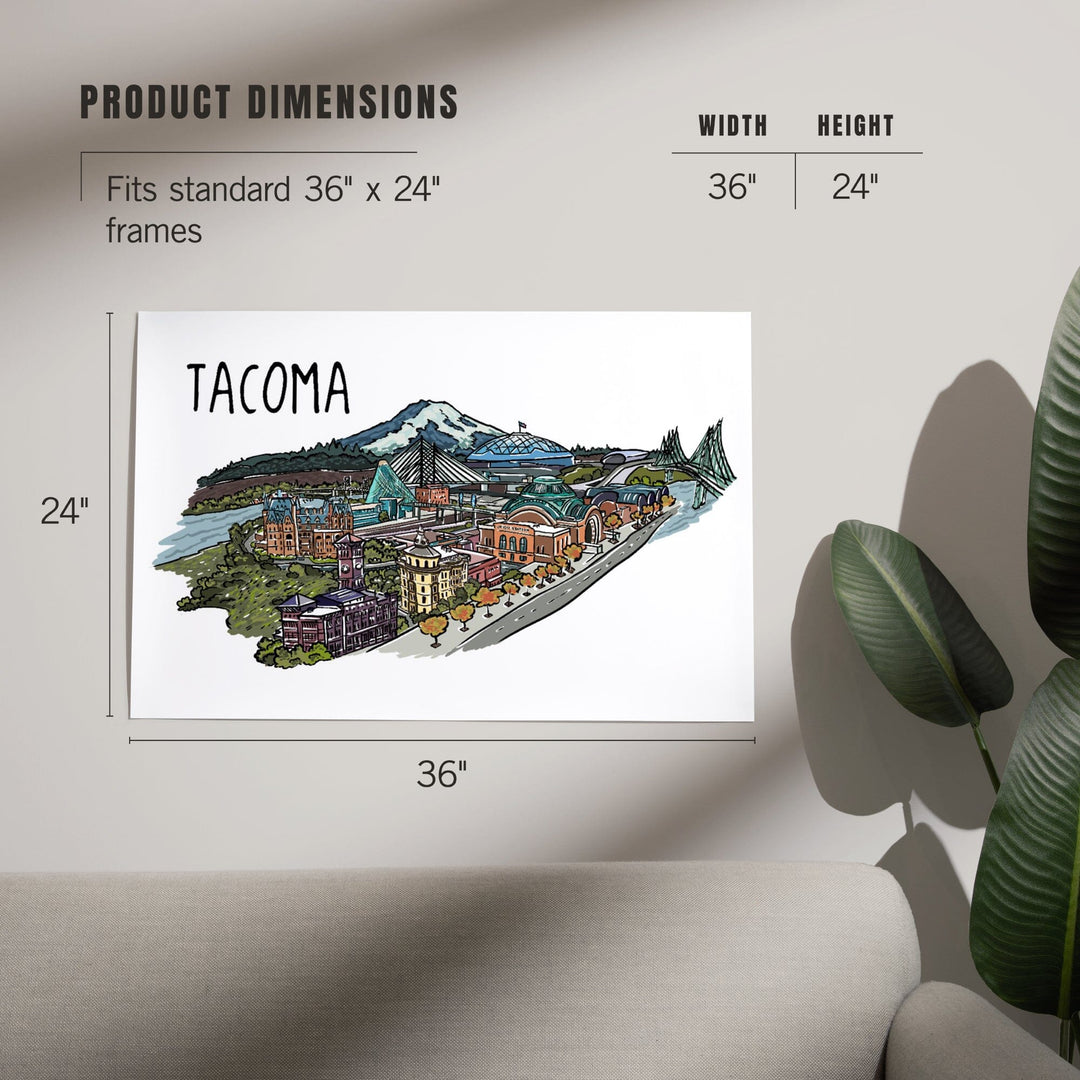 Tacoma, Washington, Cityscape, Line Drawing, Art & Giclee Prints Art Lantern Press 