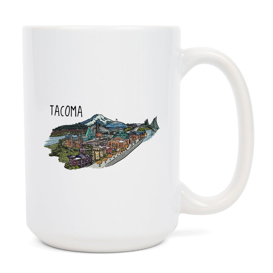 Tacoma, Washington, Cityscape, Line Drawing, Lantern Press Artwork, Ceramic Mug Mugs Lantern Press 