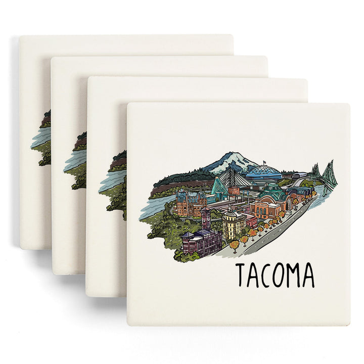 Tacoma, Washington, Cityscape, Line Drawing, Lantern Press Artwork, Coaster Set Coasters Lantern Press 