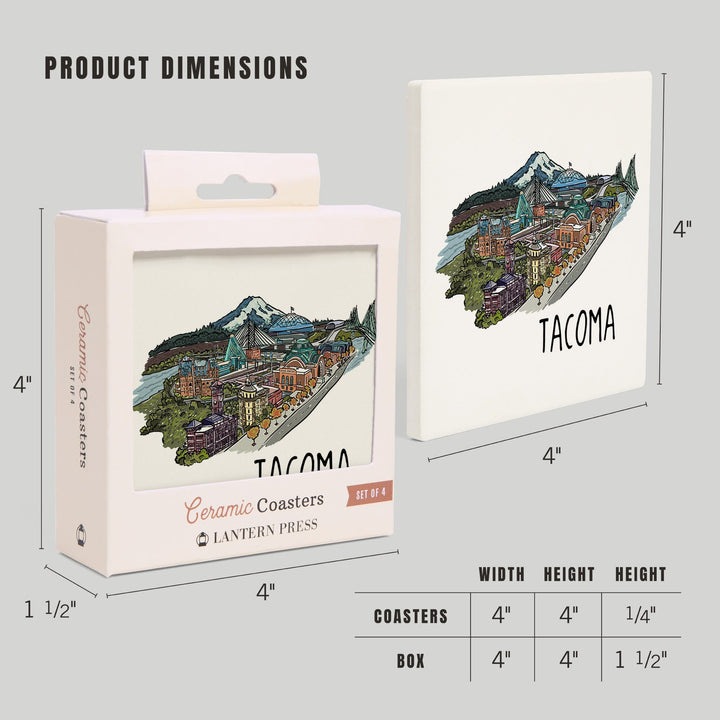 Tacoma, Washington, Cityscape, Line Drawing, Lantern Press Artwork, Coaster Set Coasters Lantern Press 