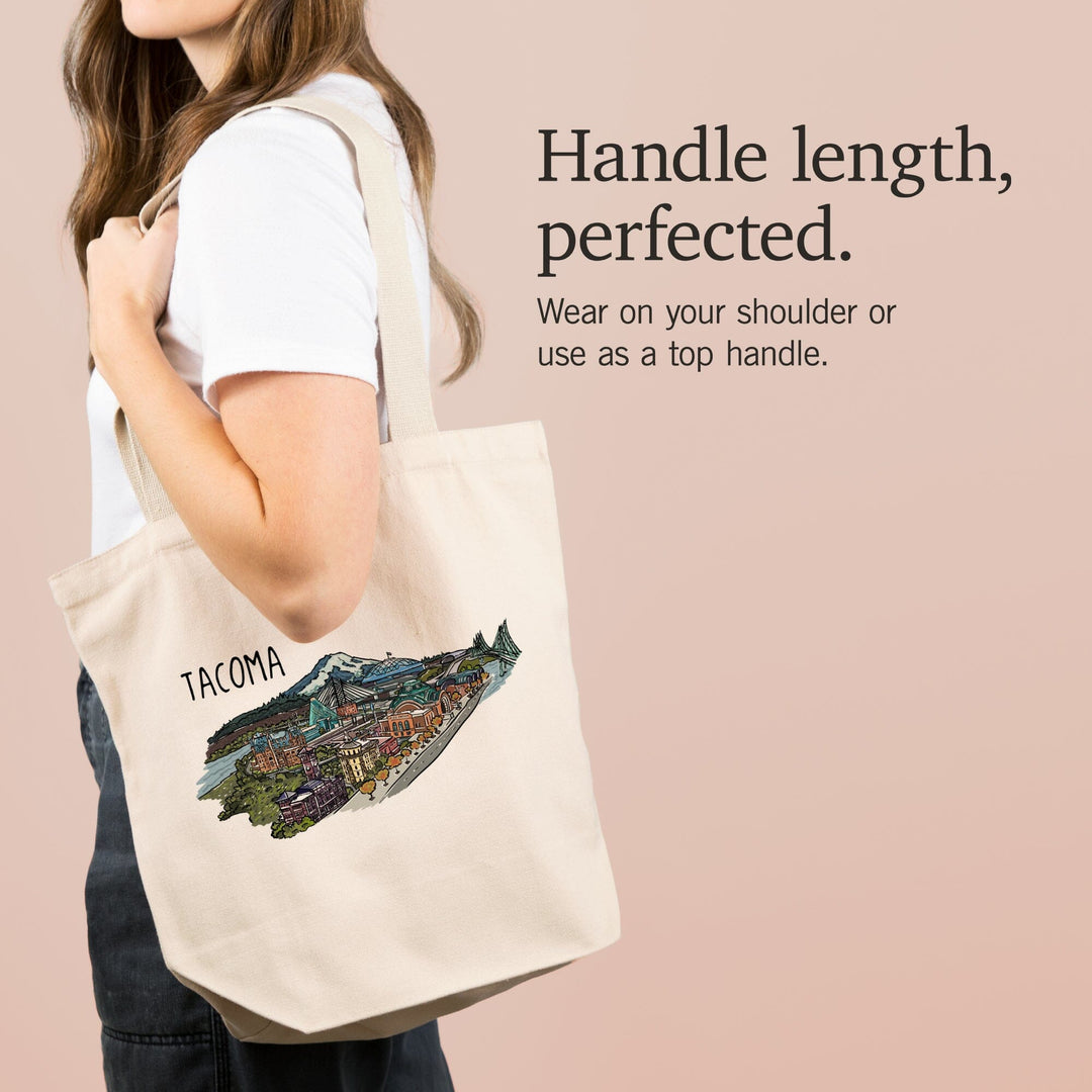 Tacoma, Washington, Cityscape, Line Drawing, Lantern Press Artwork, Tote Bag Totes Lantern Press 