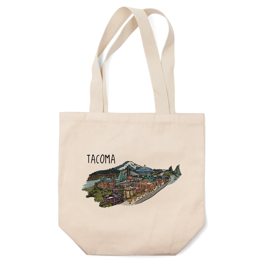 Tacoma, Washington, Cityscape, Line Drawing, Lantern Press Artwork, Tote Bag Totes Lantern Press 