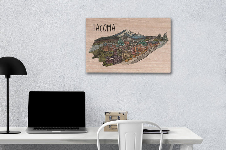 Tacoma, Washington, Cityscape, Line Drawing, Lantern Press Artwork, Wood Signs and Postcards Wood Lantern Press 12 x 18 Wood Gallery Print 