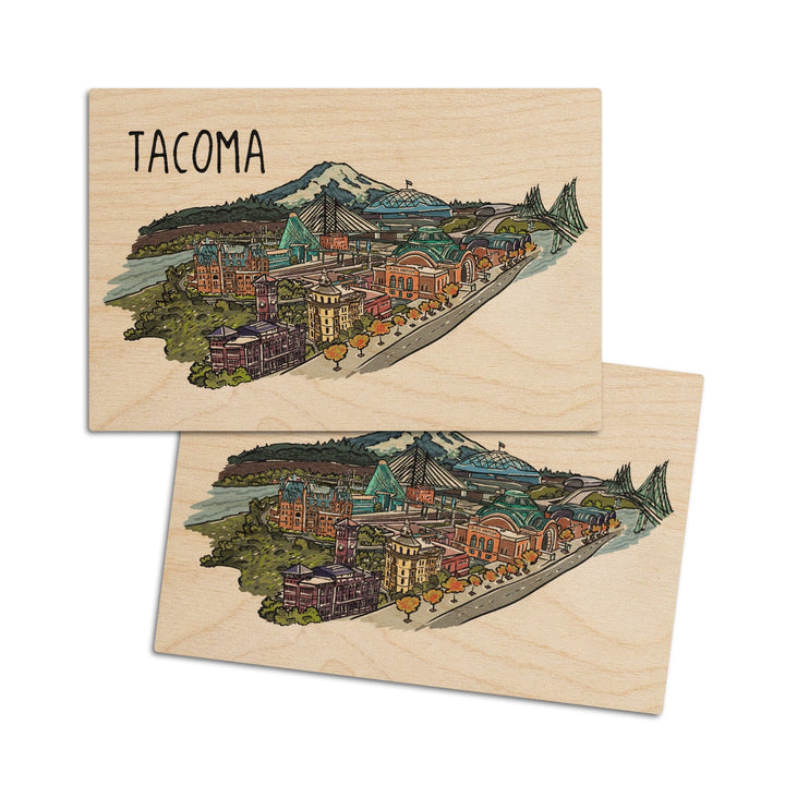Tacoma, Washington, Cityscape, Line Drawing, Lantern Press Artwork, Wood Signs and Postcards Wood Lantern Press 4x6 Wood Postcard Set 