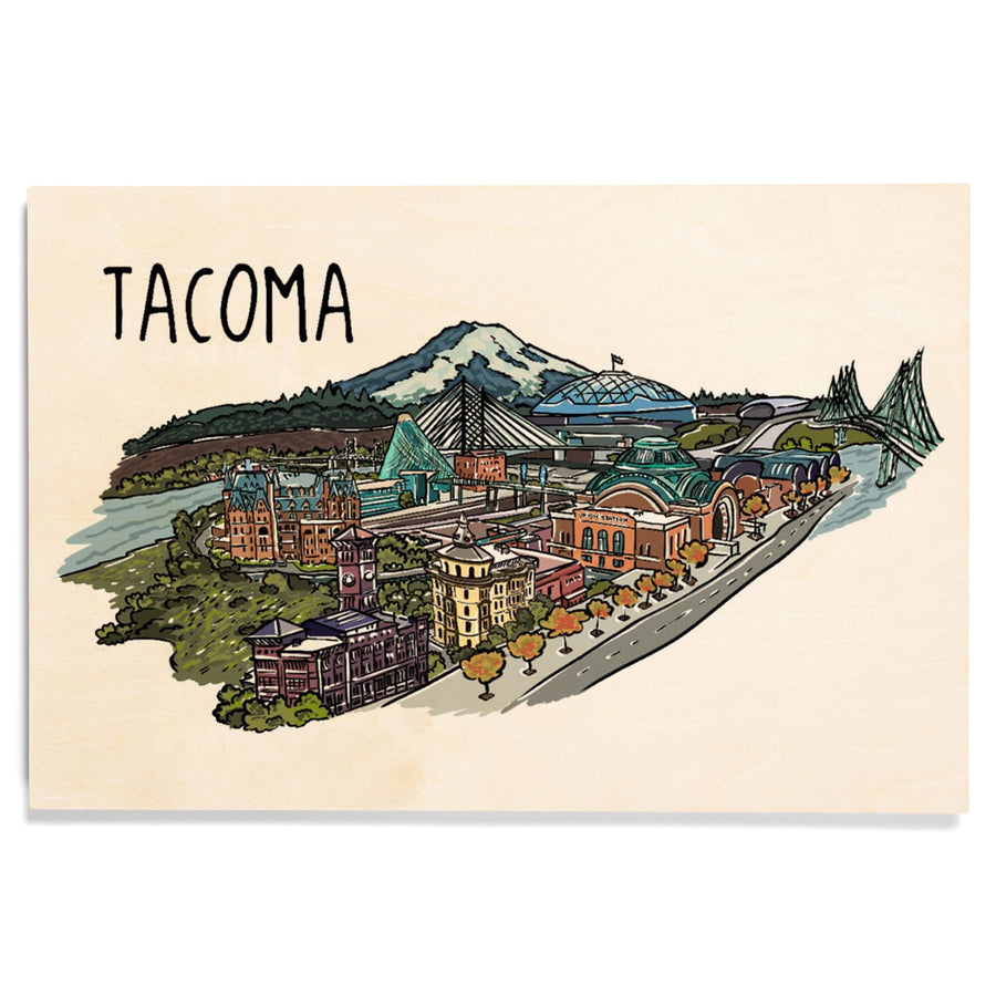 Tacoma, Washington, Cityscape, Line Drawing, Lantern Press Artwork, Wood Signs and Postcards Wood Lantern Press 