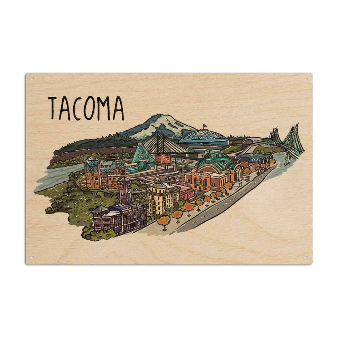 Tacoma, Washington, Cityscape, Line Drawing, Lantern Press Artwork, Wood Signs and Postcards Wood Lantern Press 6x9 Wood Sign 