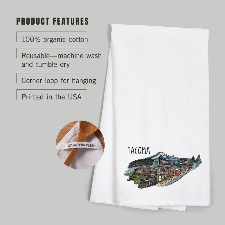 Tacoma, Washington, Cityscape, Line Drawing, Organic Cotton Kitchen Tea Towels Kitchen Lantern Press 