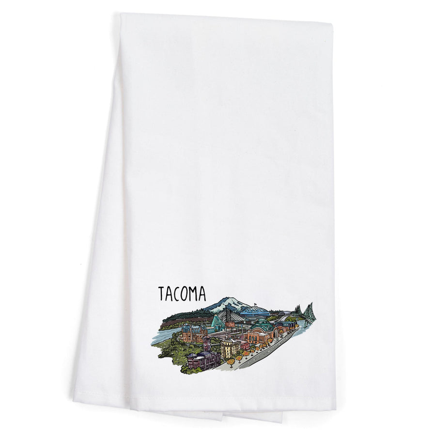 Tacoma, Washington, Cityscape, Line Drawing, Organic Cotton Kitchen Tea Towels Kitchen Lantern Press 