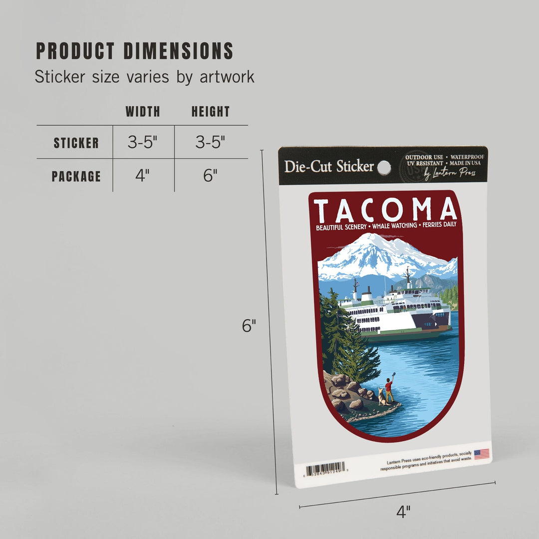 Tacoma, Washington, Ferry & Mount Rainier Scene, Contour, Lantern Press Artwork, Vinyl Sticker Sticker Lantern Press 
