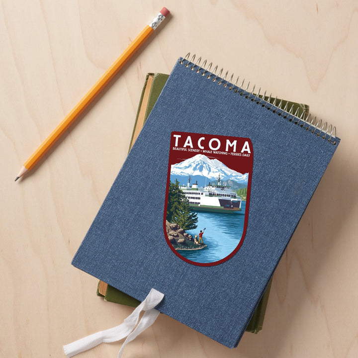Tacoma, Washington, Ferry & Mount Rainier Scene, Contour, Lantern Press Artwork, Vinyl Sticker Sticker Lantern Press 