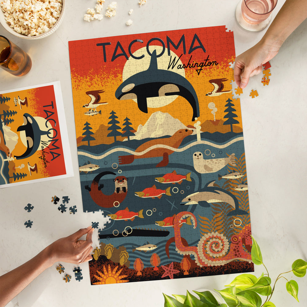 Tacoma, Washington, Marine Animals, Geometric, Jigsaw Puzzle Puzzle Lantern Press 