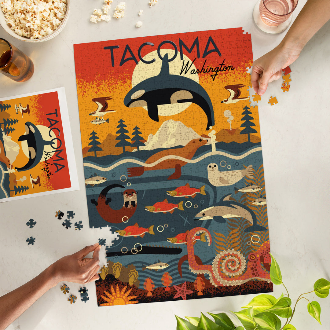 Tacoma, Washington, Marine Animals, Geometric, Jigsaw Puzzle Puzzle Lantern Press 