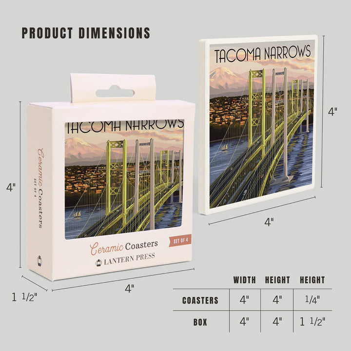 Tacoma, Washington, Narrows Bridge and Rainier, Coasters Coasters Lantern Press 