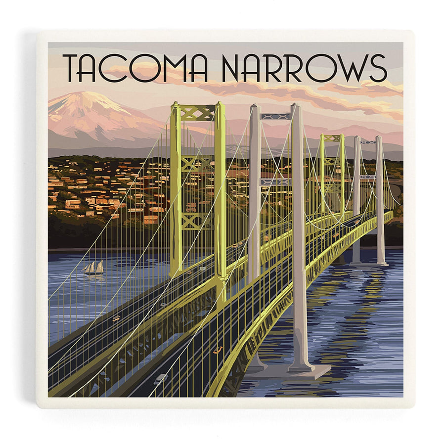 Tacoma, Washington, Narrows Bridge and Rainier, Coasters Coasters Lantern Press 