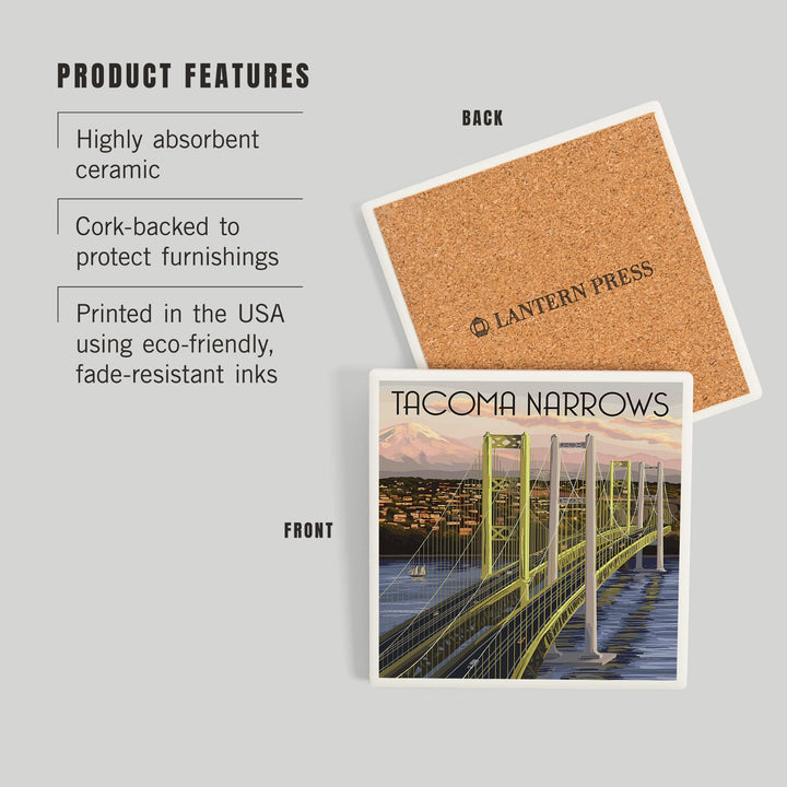 Tacoma, Washington, Narrows Bridge and Rainier, Coasters Coasters Lantern Press 