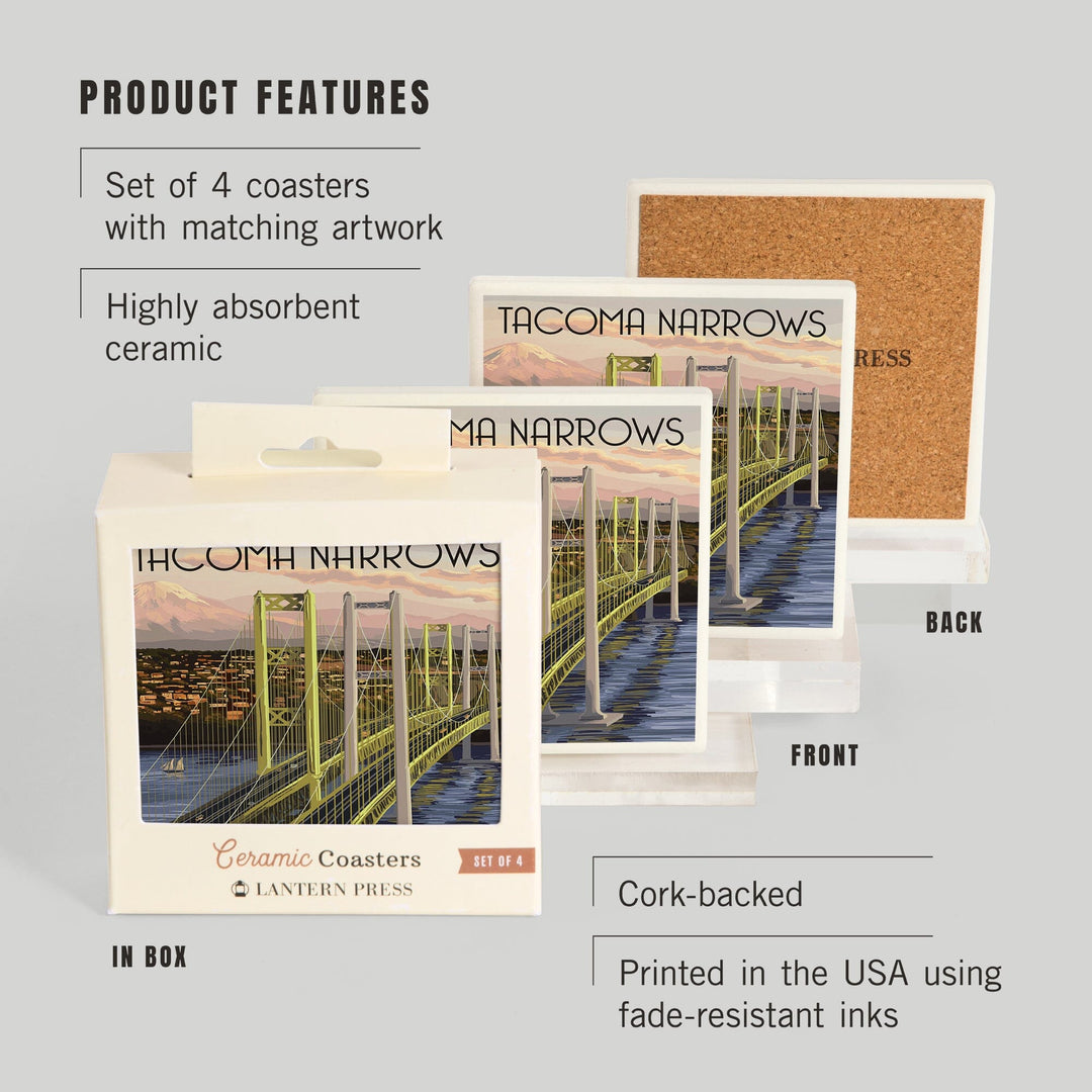 Tacoma, Washington, Narrows Bridge and Rainier, Coasters Coasters Lantern Press 