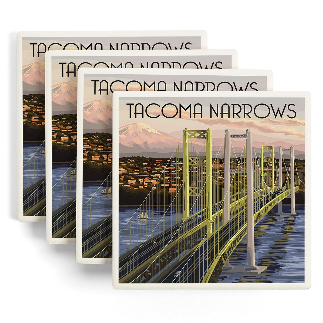 Tacoma, Washington, Narrows Bridge and Rainier, Lantern Press Artwork, Coaster Set Coasters Lantern Press 