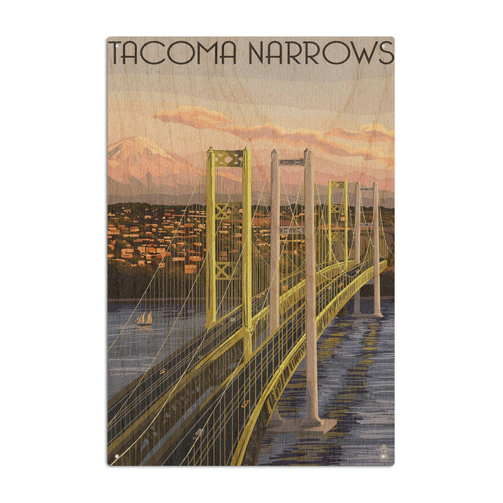 Tacoma, Washington, Narrows Bridge and Rainier, Lantern Press Artwork, Wood Signs and Postcards Wood Lantern Press 10 x 15 Wood Sign 