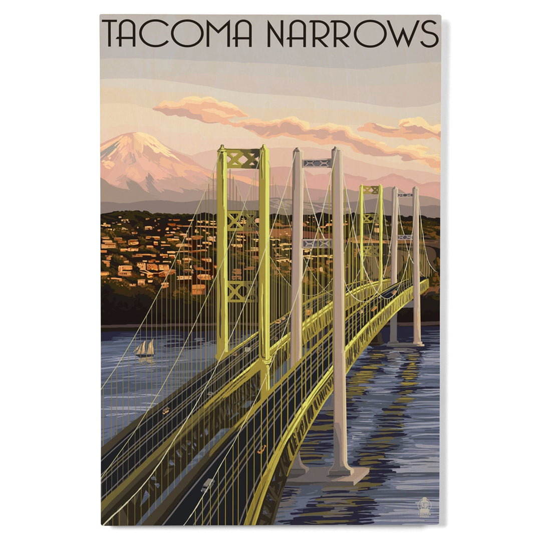 Tacoma, Washington, Narrows Bridge and Rainier, Lantern Press Artwork, Wood Signs and Postcards Wood Lantern Press 
