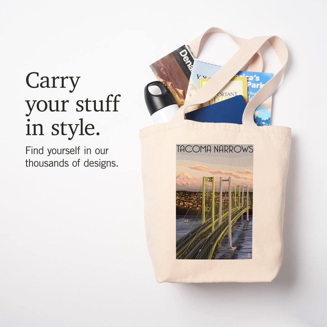 Tacoma, Washington, Narrows Bridge and Rainier, Tote Bag Totes Lantern Press 