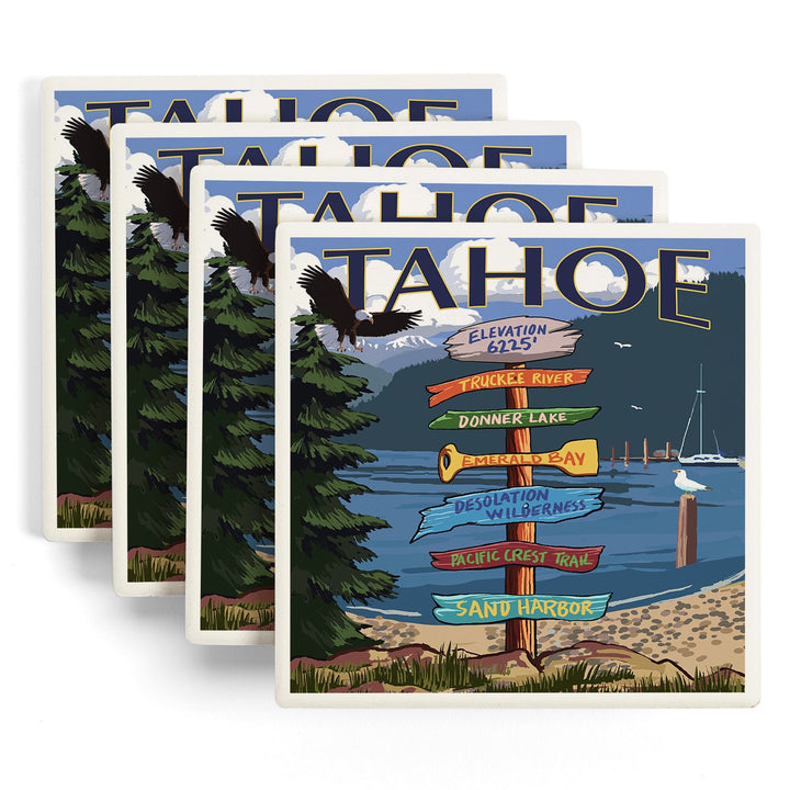 Tahoe, Destination Signpost, Lantern Press Artwork, Coaster Set Coasters Lantern Press 