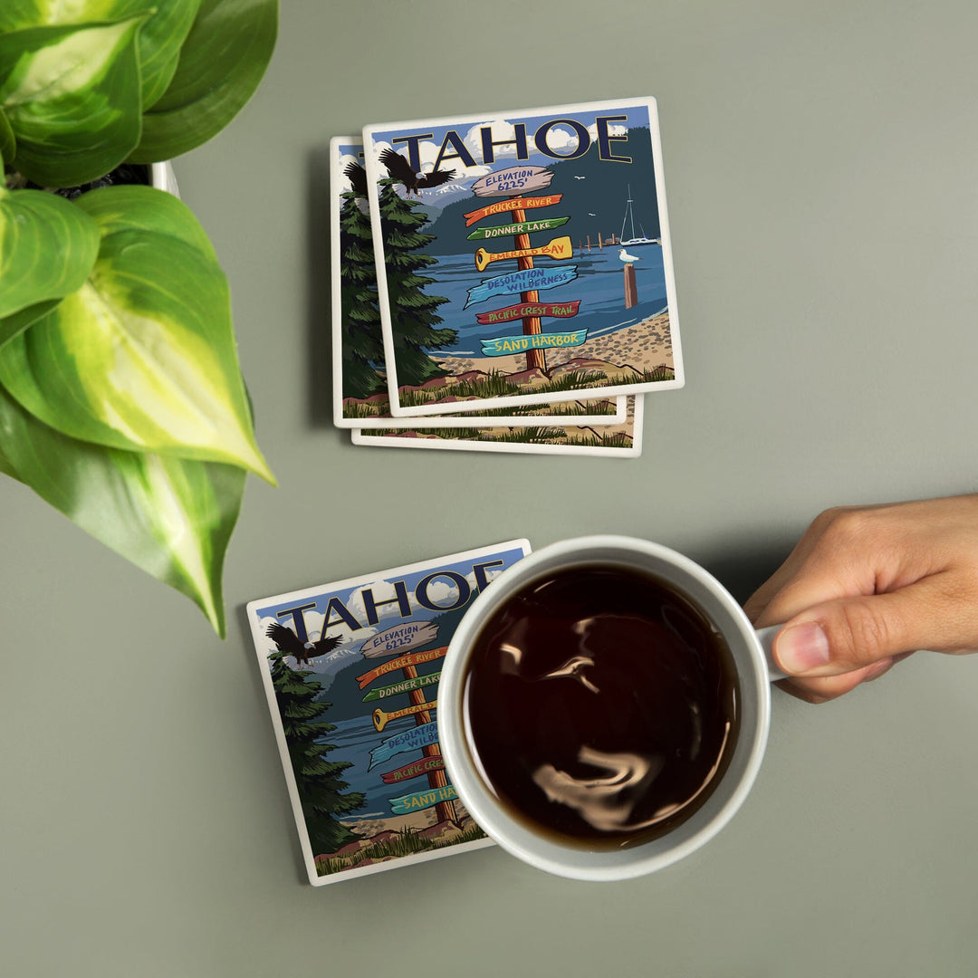 Tahoe, Destination Signpost, Lantern Press Artwork, Coaster Set Coasters Lantern Press 