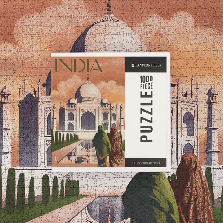 Taj Mahal, India, Lithograph Style, Jigsaw Puzzle Puzzle Lantern Press 