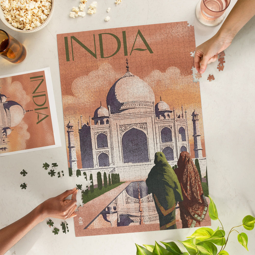 Taj Mahal, India, Lithograph Style, Jigsaw Puzzle Puzzle Lantern Press 