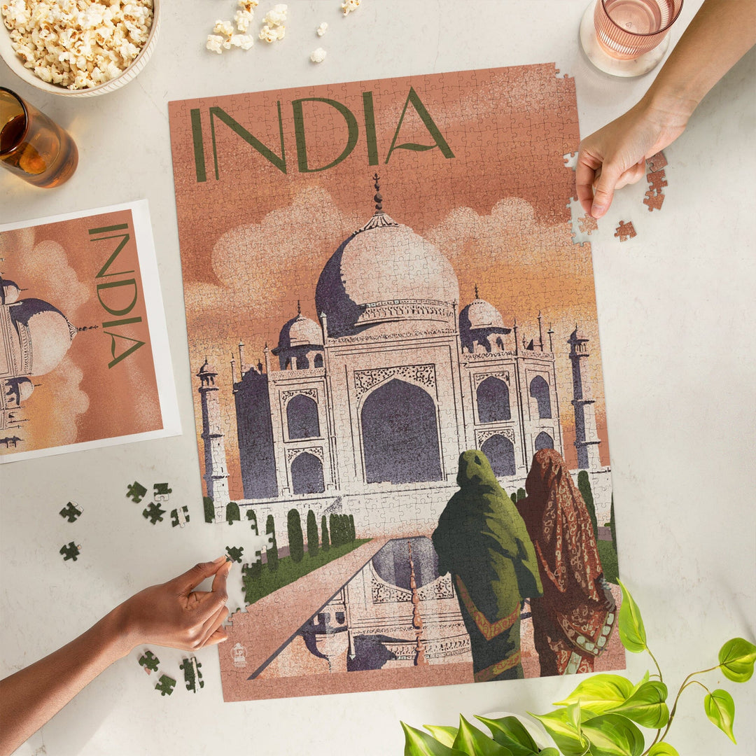 Taj Mahal, India, Lithograph Style, Jigsaw Puzzle Puzzle Lantern Press 
