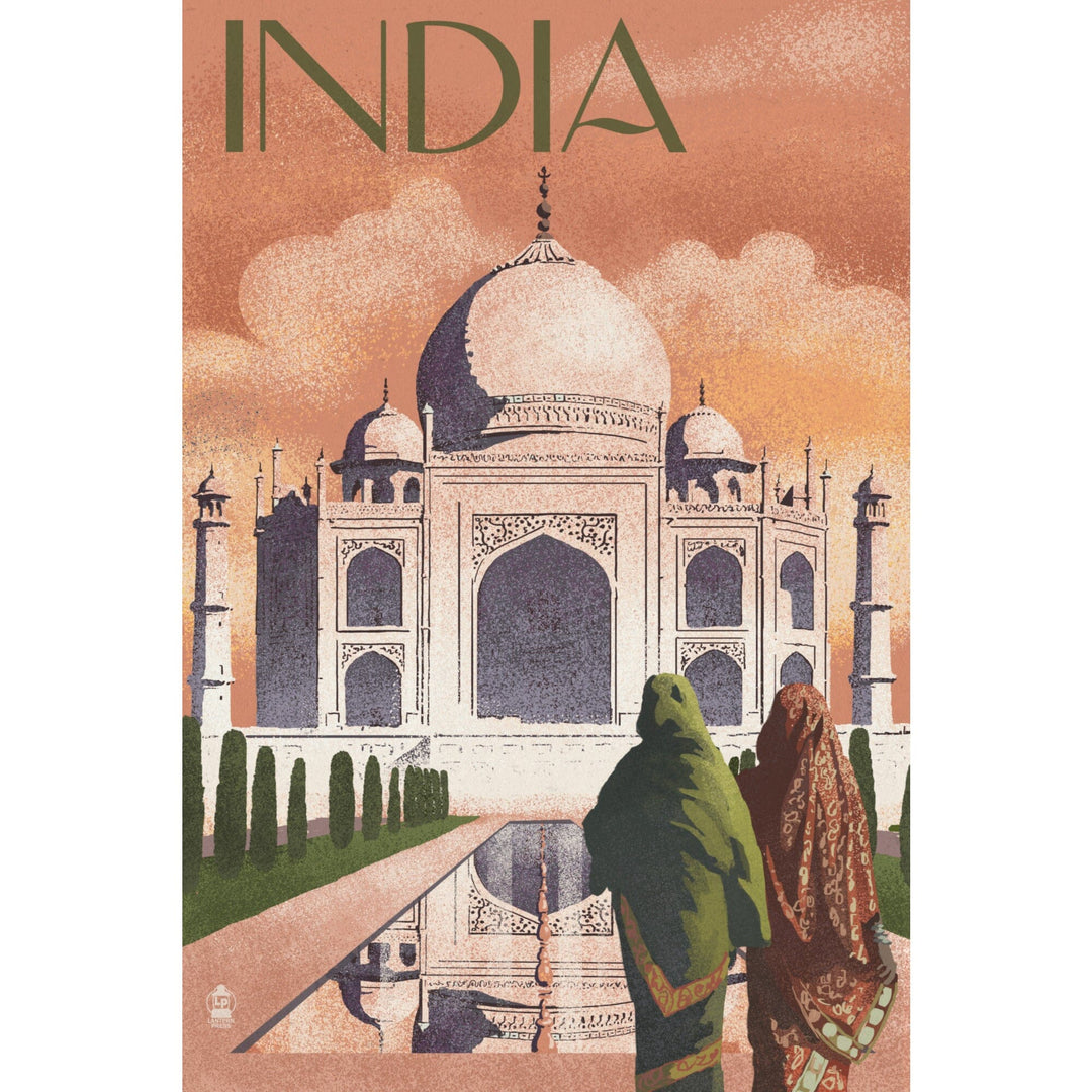 Taj Mahal, India, Lithograph Style, Stretched Canvas Canvas Lantern Press 