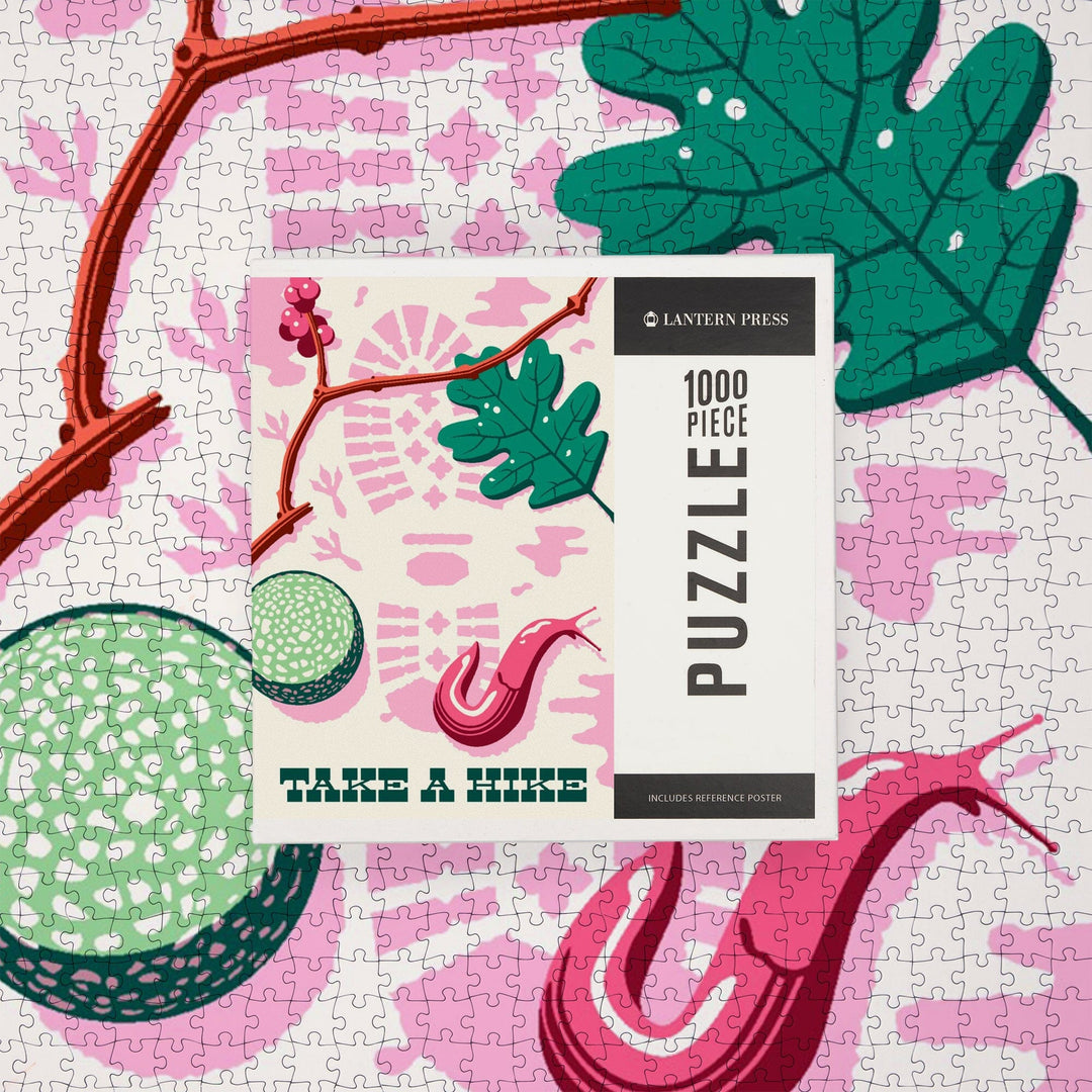 Take a Hike, Bootprint, Green and Pink, Vector, Jigsaw Puzzle Puzzle Lantern Press 