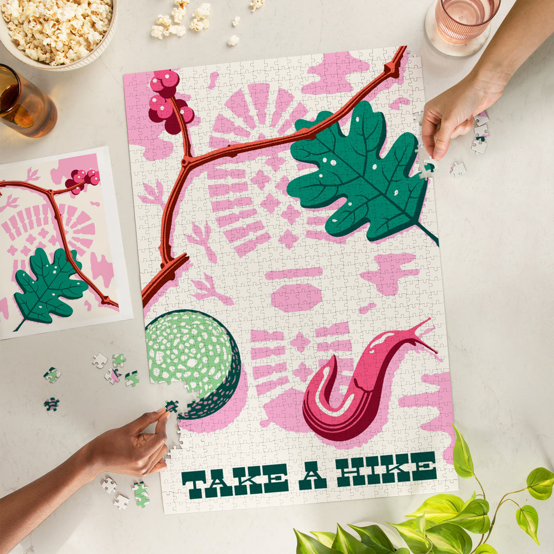 Take a Hike, Bootprint, Green and Pink, Vector, Jigsaw Puzzle Puzzle Lantern Press 