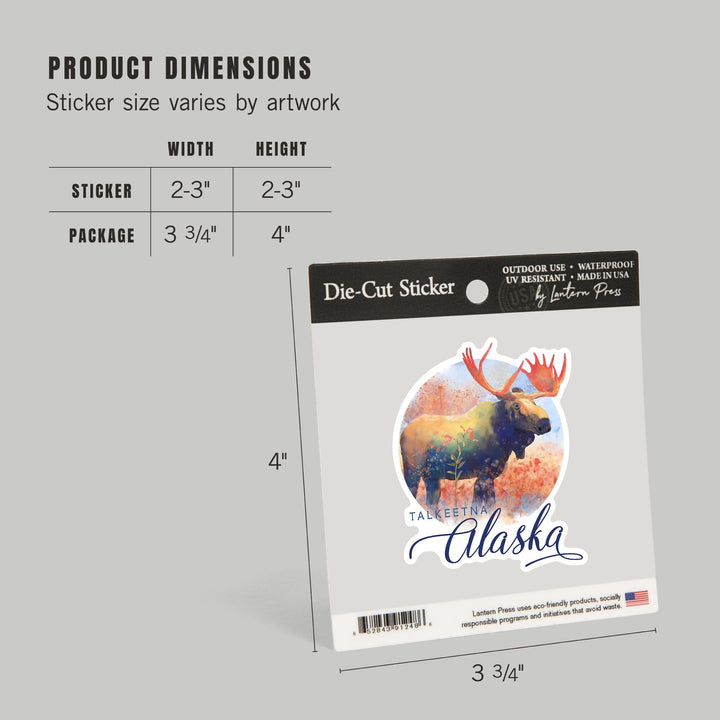 Talkeetna, Alaska, Moose, Watercolor, Contour, Lantern Press Artwork, Vinyl Sticker Sticker Lantern Press 