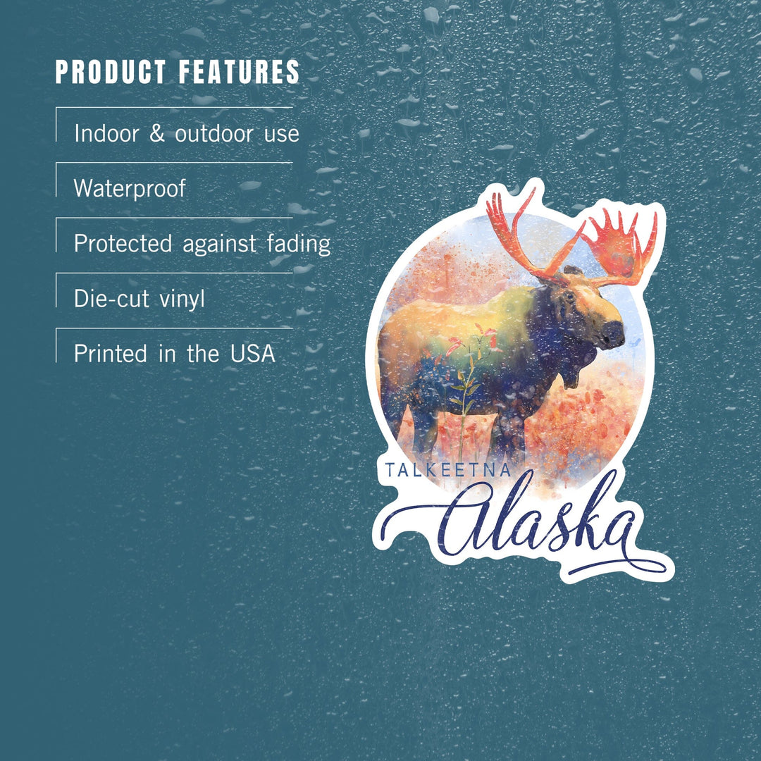 Talkeetna, Alaska, Moose, Watercolor, Contour, Lantern Press Artwork, Vinyl Sticker Sticker Lantern Press 