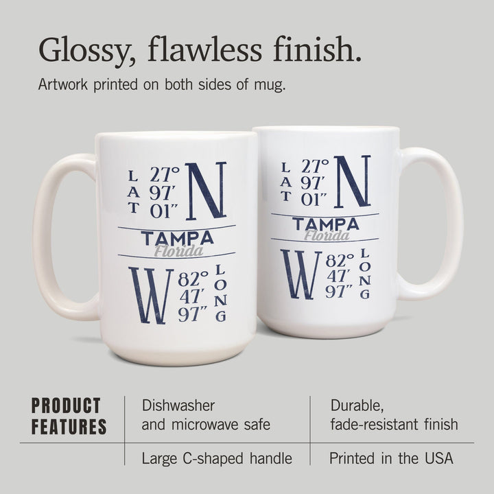 Tampa, Florida, Latitude & Longitude (Blue), Lantern Press Artwork, Ceramic Mug Mugs Lantern Press 