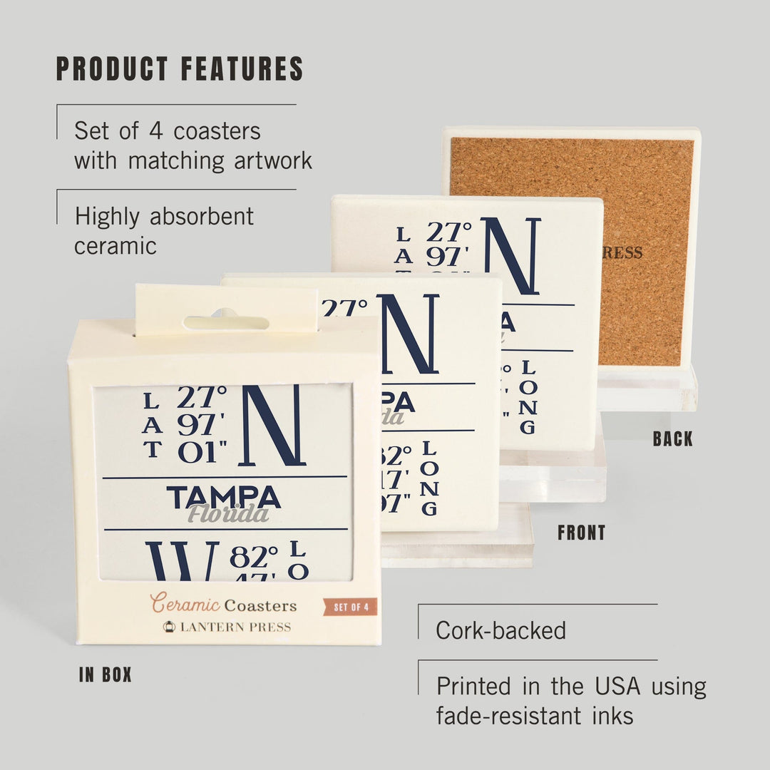 Tampa, Florida, Latitude & Longitude (Blue), Lantern Press Artwork, Coaster Set Coasters Lantern Press 